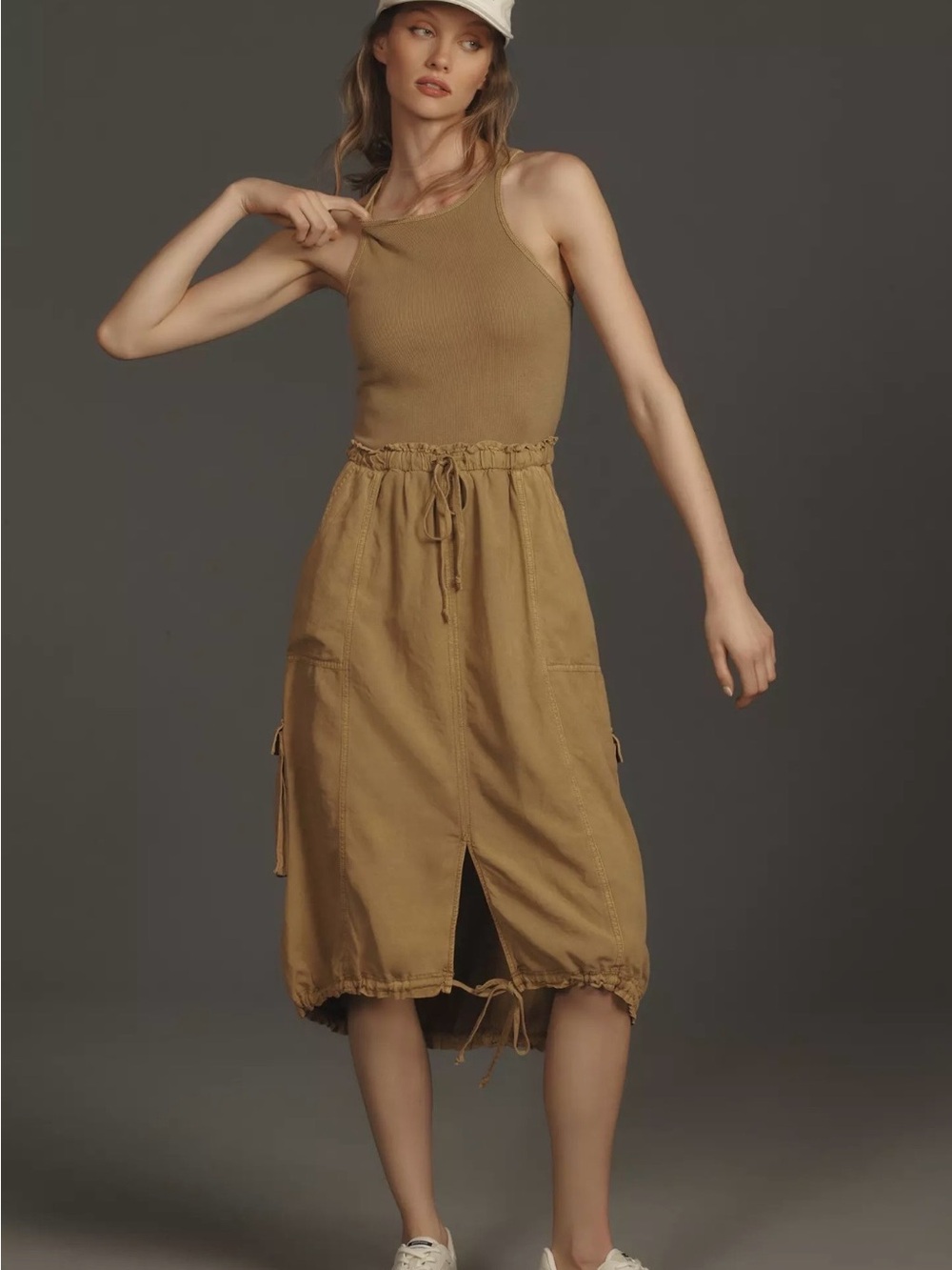 Anthropologie Drawstring Midi Dress in Khaki